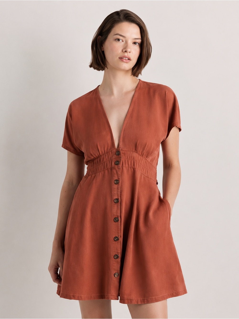 Quince Vintage Wash Tencel Button Front Dress Terracotta Size L